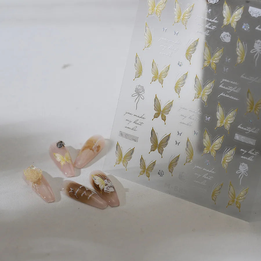 Yellow Butterfly Rose Flower Lace Gradual Wing Charming Romantic Jelly Camellia Self Adhesive Nail Art Stickers Manicure Decals (Online Order Only)
