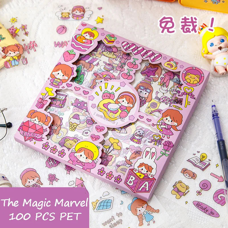 100Pcs Kawaii Stickers Cute Cartoon Handbook Stickers 8 * 8cm PET Waterproof Box Sticker Decorative Scrapbook DIY Stationery (Online Order Only)