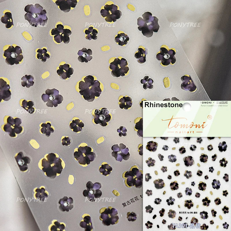 Retro Flowers Petal Pearl Rhinestones Halo Dyeing Chic Daisy Vintage Gold Foil  Floral Designs Nail Art Stickers Manicure Decals (ONLINE ORDER ONLY)