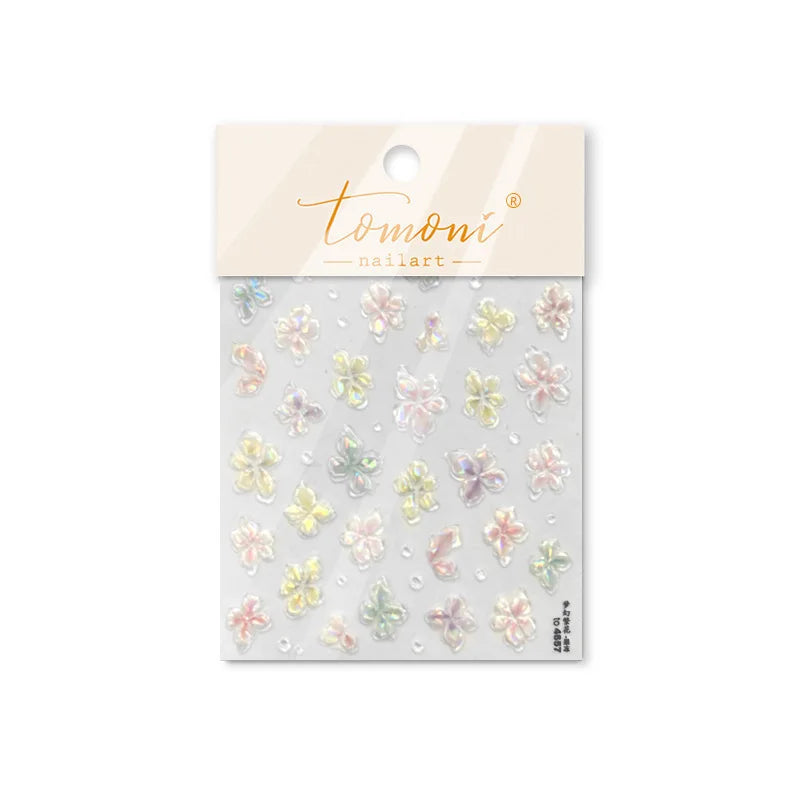 Gradient Coloredful Flower Petal Green Leaf Dreamy Shiny Chinese Rose Fantasy Relief Adhesive Nail Art Stickers Manicure Decals (Online Order Only)