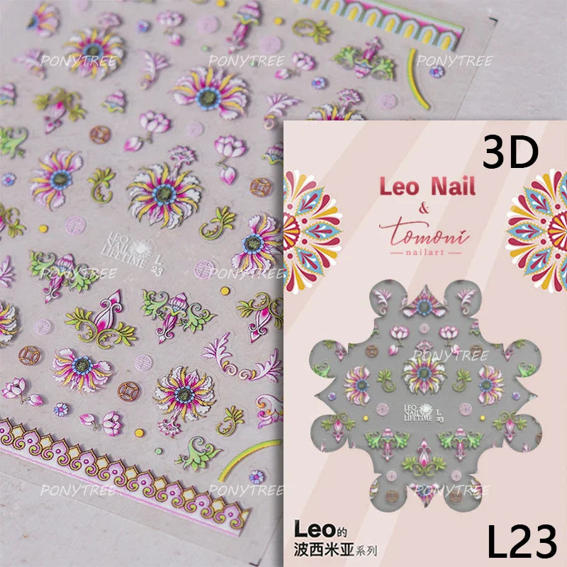 Chic Lavender Tulip Flower Bowknot Totem Center Symmetric Pattern Daisy Line Gird Self Adhesive Nail Art Stickers Manicure Decal (ONLINE ORDER ONLY)