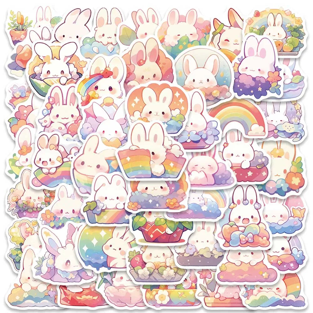 50pcs Cute Cartoon Rainbow Rabbite Animal Stickers For Laptop Phone Guitar Luggage Waterproof Graffiti Vinyl Car Decals (ONLINE ORDER ONLY)