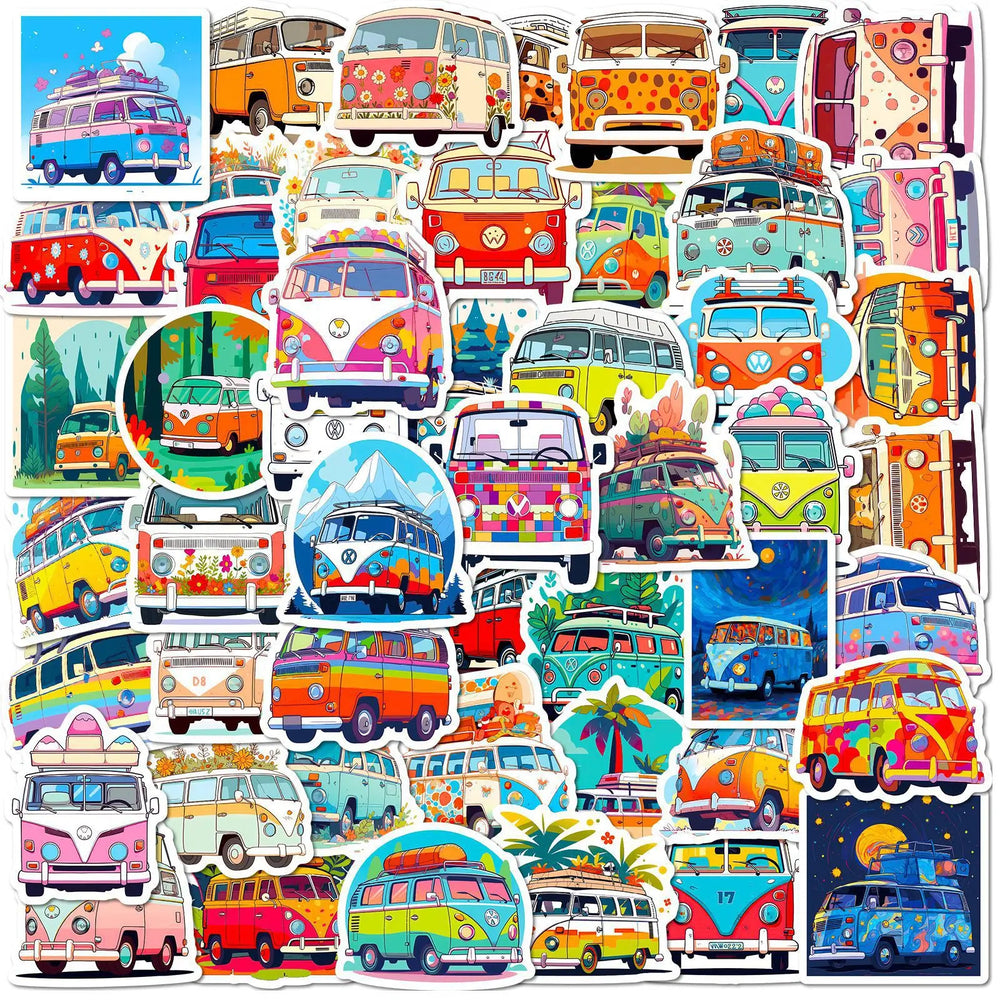 50pcs Cartoon Bus Graffiti Stickers for Helmet, Wall, Desktop Decoration (Online Order Only)