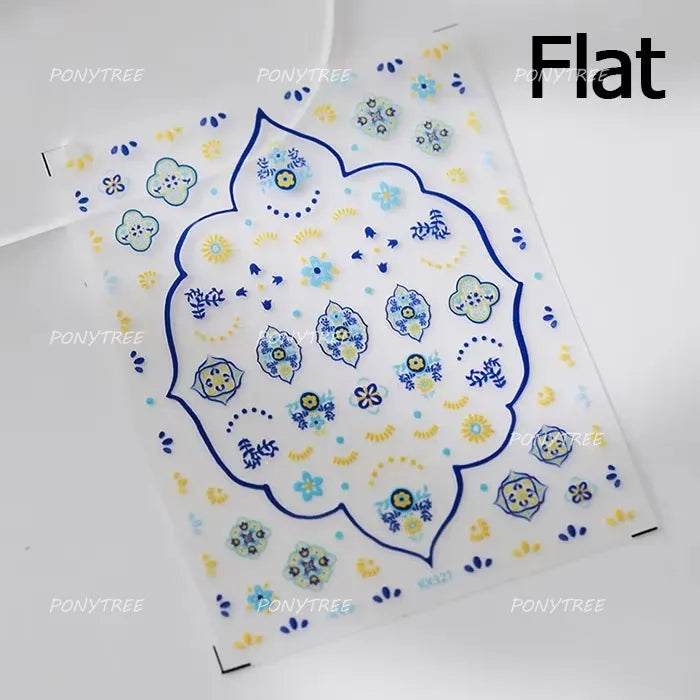 Pink Blue Yellow Embroidery Totems Geometric Floral Pattern Flower 5D Embossed Nail Art Stickers Bohemian Style Manicure Decals (ONLINE ORDER ONLY)