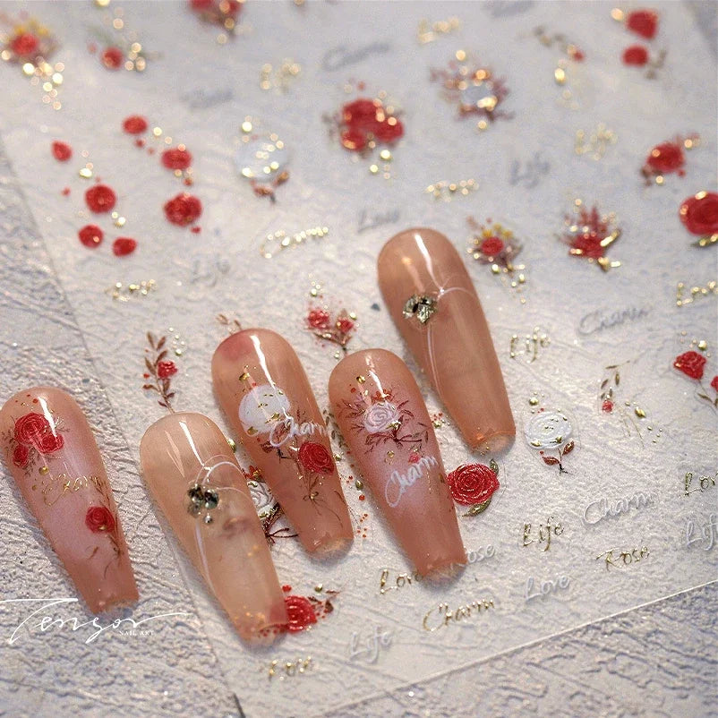 Chic Romantic Red White Flower Hot Stamping 5D Self Adhesive Nail Art Stickers Shiny Dreamy Camellia Rhinestone Manicure Decals (ONLINE ORDER ONLY)
