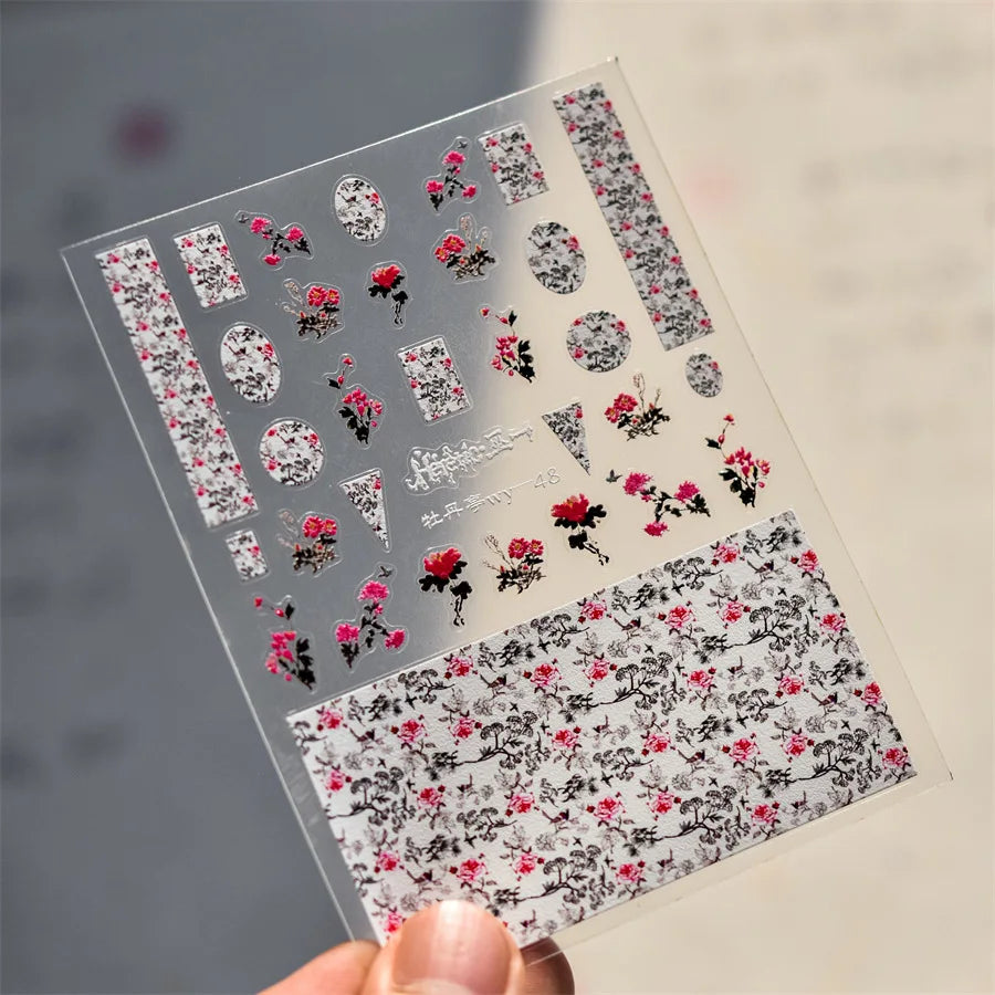 Red Azalea Rose Peony Crane Warbler Bird Fish Lily Chicken Rabbit Lobster Flower Retro Chinese Nail Art Sticker Decoration Decal (Online Order Only)