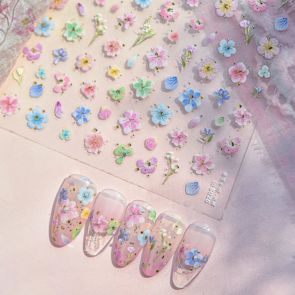 Colourful Dried Flower Petal Texture Peach Blossom Orchid Fragrant Bouquet 5D 3D Self Adhesive Nail Art Stickers Manicure Decals (ONLINE ORDER ONLY)