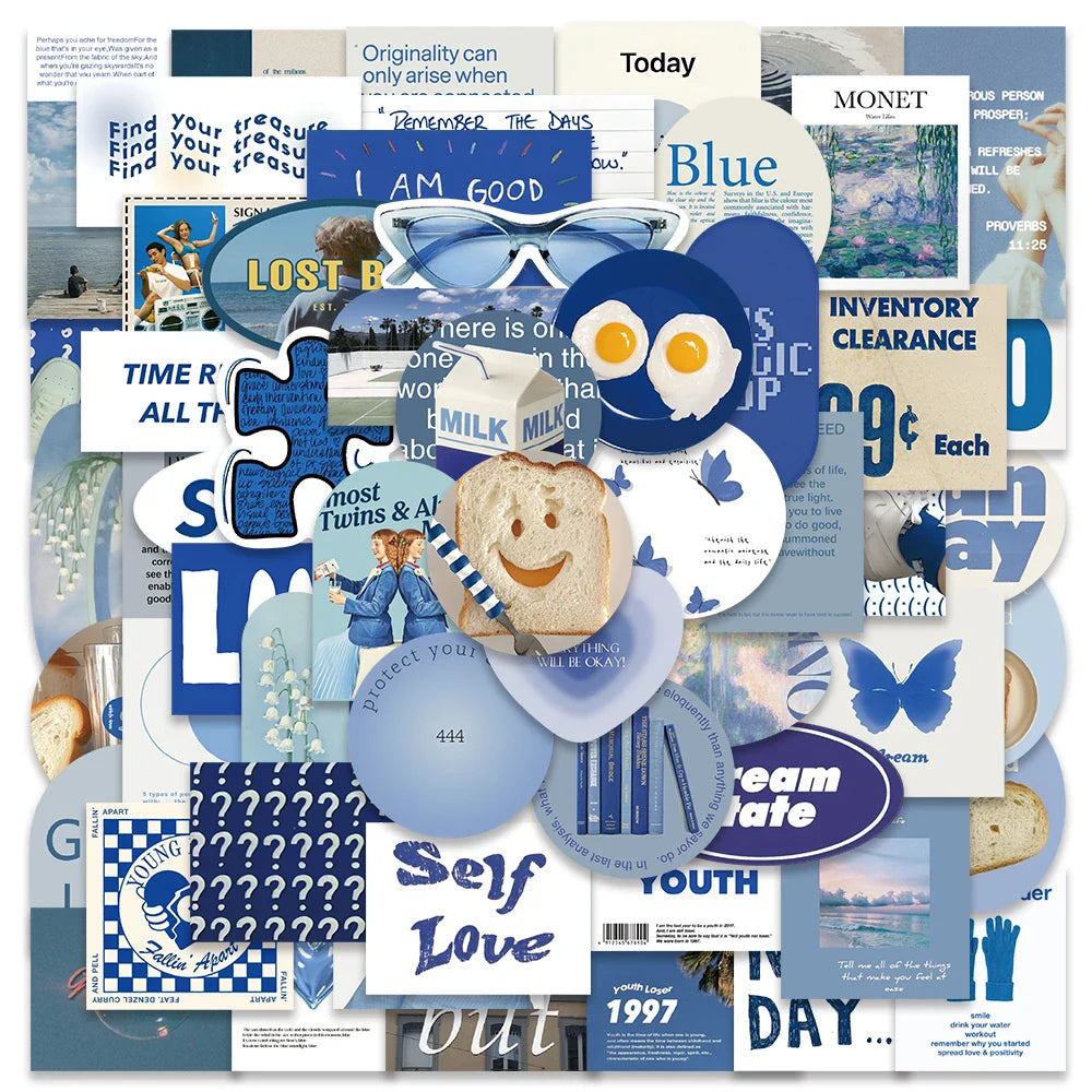 57pcs Kawaii Sky Blue Cartoon Stickers for DIY Decoration (Online Order Only)