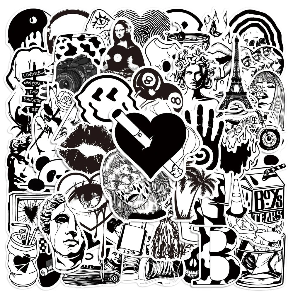 50pcs Graffiti Black and White Art Styling Stickers Laptop Luggage Phone Case Guitar Fridge Car Motorcycle Cool Ins Decals (Online Order Only)