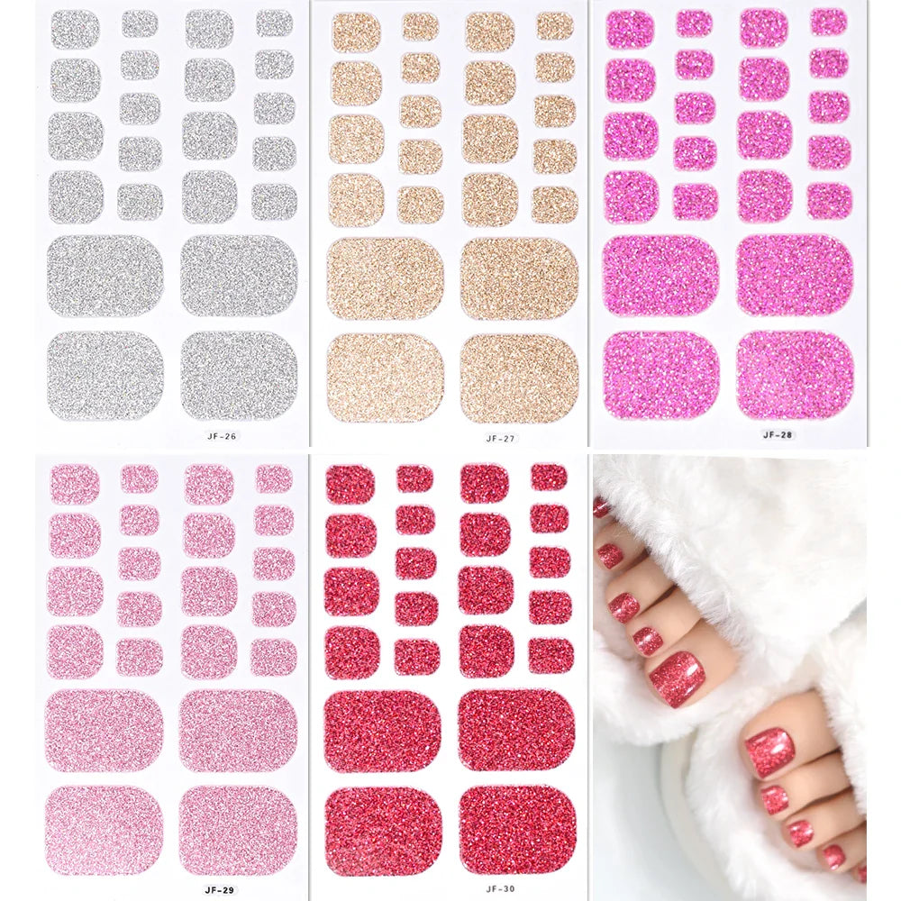 22Tips Pink Red Glitter Design Baking-free Toenail Stickers Solid Color Adhesive Full Cover Toe Nail Strip Slider Manicure Decal (ONLINE ORDER ONLY)