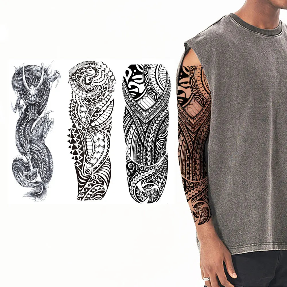Waterproof Temporary Tattoo Stickers Dragon Totem Geometric Full Arm Sleeve Tatoo Fake Tattoos for Men Women (Online Order Only)