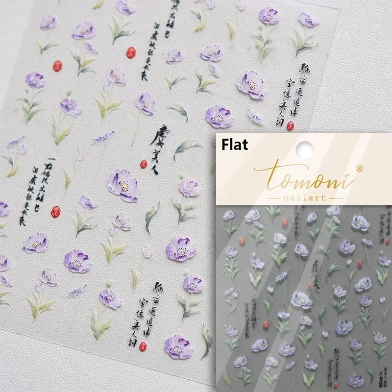 Charming Dreamy Shiny Jelly Blue Gradient Lily Flowers Rose Petal White Dot Chinese Colorful Nail Art Stickers Manicure Decals (ONLINE ORDER ONLY)