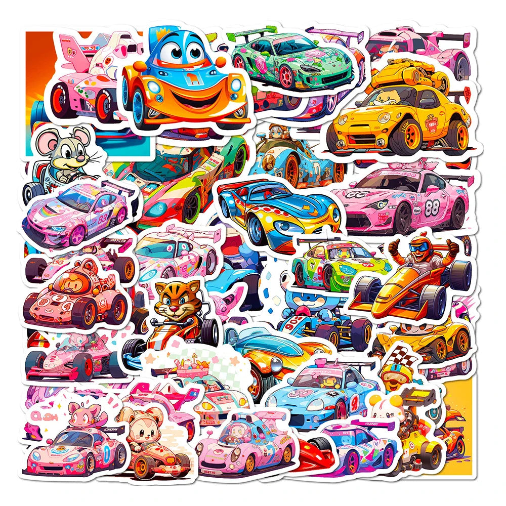 10/30/50PCS Catroon Animal Racing Car Stickers Graffiti PVC Waterproof Notebook Phone Bike Laptop Luggage Kids Toy Funny Decals (ONLINE ORDER ONLY)