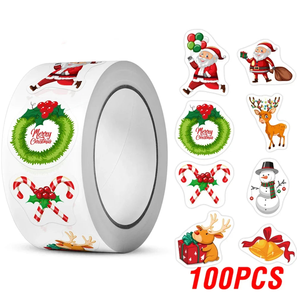 100-500pcs Heterotypic Christmas Themed Elks Snowmans Santa Claus Bells Stickers 8 Designs DlY Graffiti Holiday Tag Stationery (ONLINE ORDER ONLY)
