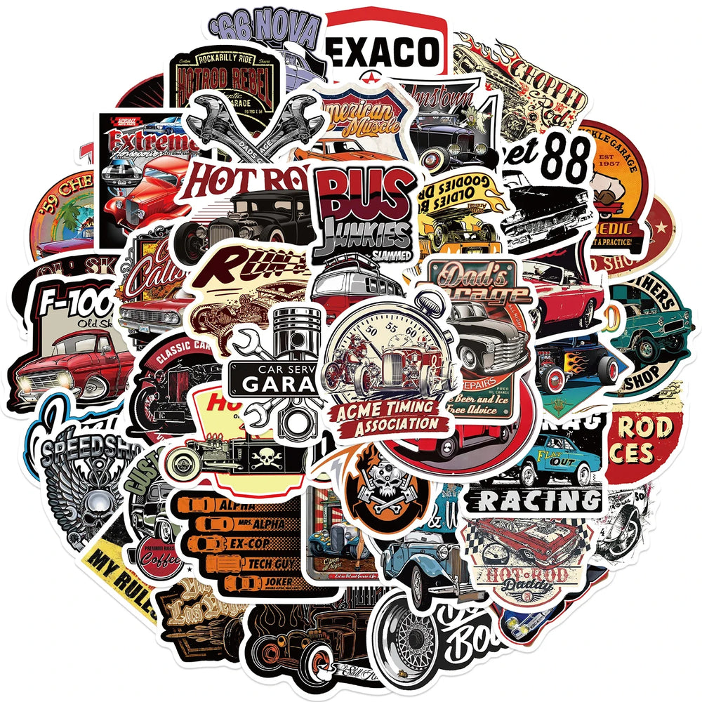 50PCS Cartoon Retro Classic Car Sticker Graffiti Waterproof Creative Trendy For Skateboard Water Cup Personalized Decal Stickers (Online Order Only)