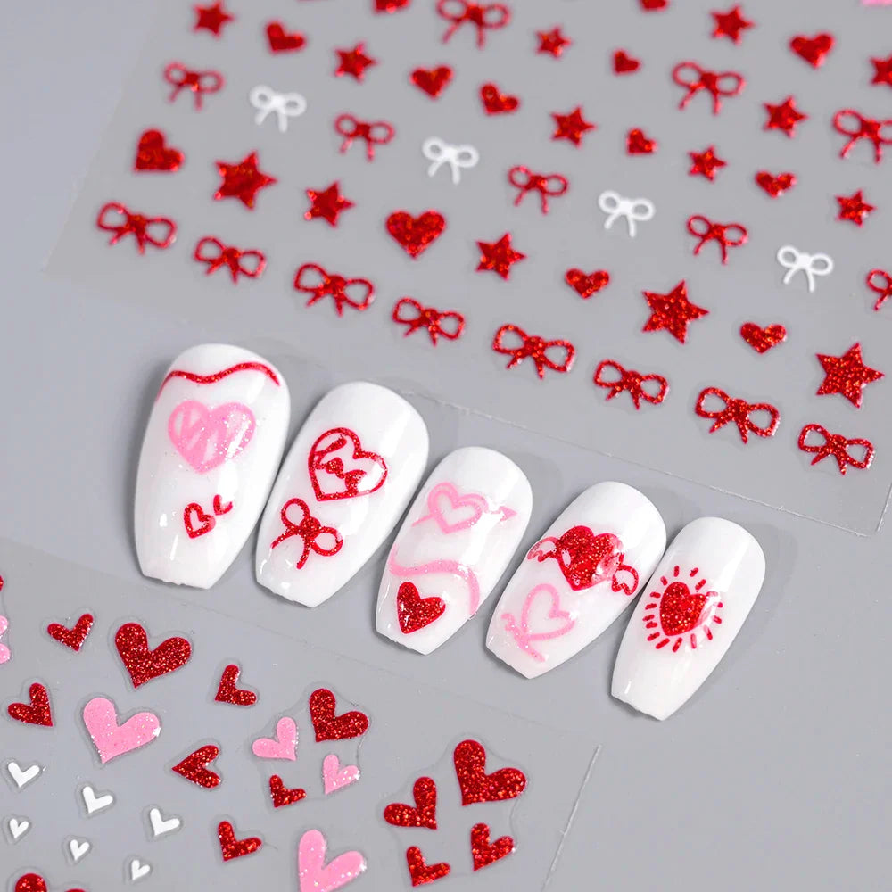 1Pc Red Pink White Heart Bow Nail Art Stickers with Glitter Sequins 5D Self Adhesive Nail Decorations Slider Decals DIY Manicure (ONLINE ORDER ONLY)