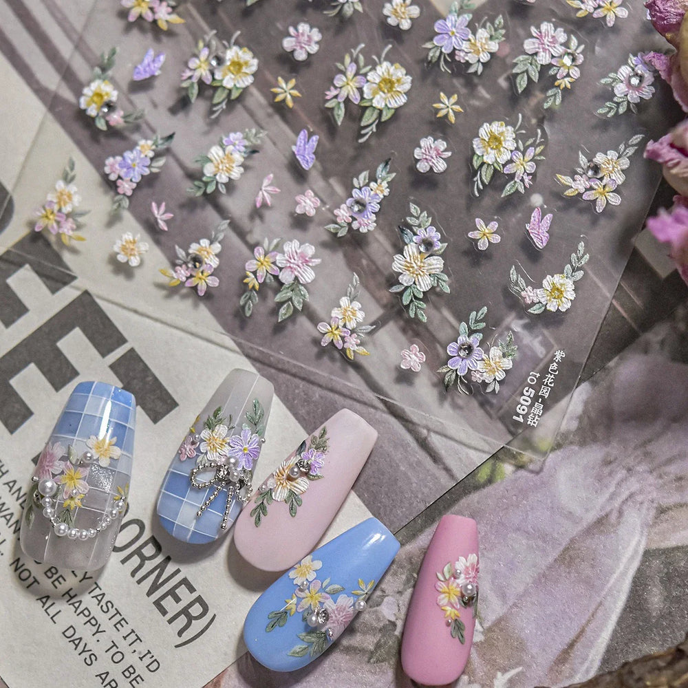 Flower Garden Purple Yellow Pink Daisy Butterfly Delicate 5D Soft Relief Adhesive Nail Art Decoration Sticker 3D Manicure Decals (ONLINE ORDER ONLY)