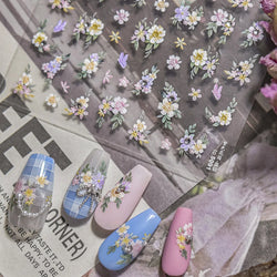 Flower Garden Purple Yellow Pink Daisy Butterfly Delicate 5D Soft Relief Adhesive Nail Art Decoration Sticker 3D Manicure Decals (ONLINE ORDER ONLY)