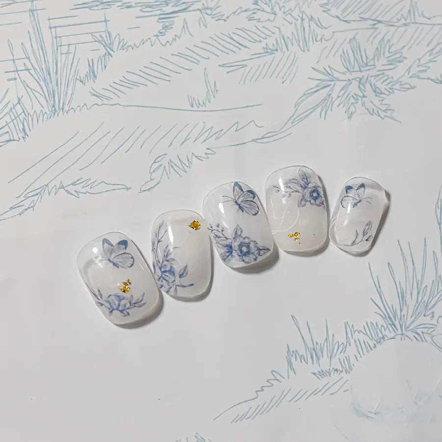 Brown Blue White Hand Drawn Sketch Plants Leaves Bowknot Butterfly Flowers Adhesive Nail Art Decoration Stickers Manicure Decals (Online Order Only)