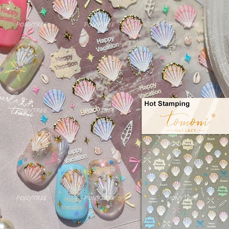 Hot Stamping Seahorse Dolphin Shell Conch Starfish Coconut Tree Jackfruit Water Bubbles Ocean Nail Art Stickers Manicure Decals (ONLINE ORDER ONLY)
