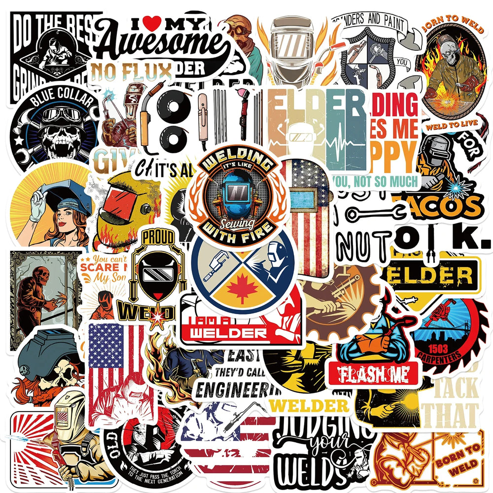 50PCS Mixed Welding Welder Graffiti Stickers For DIY Luggage Skateboard Waterproof DIY Cool Cartoon Decal Sticker Toys Gift (ONLINE ORDER ONLY)
