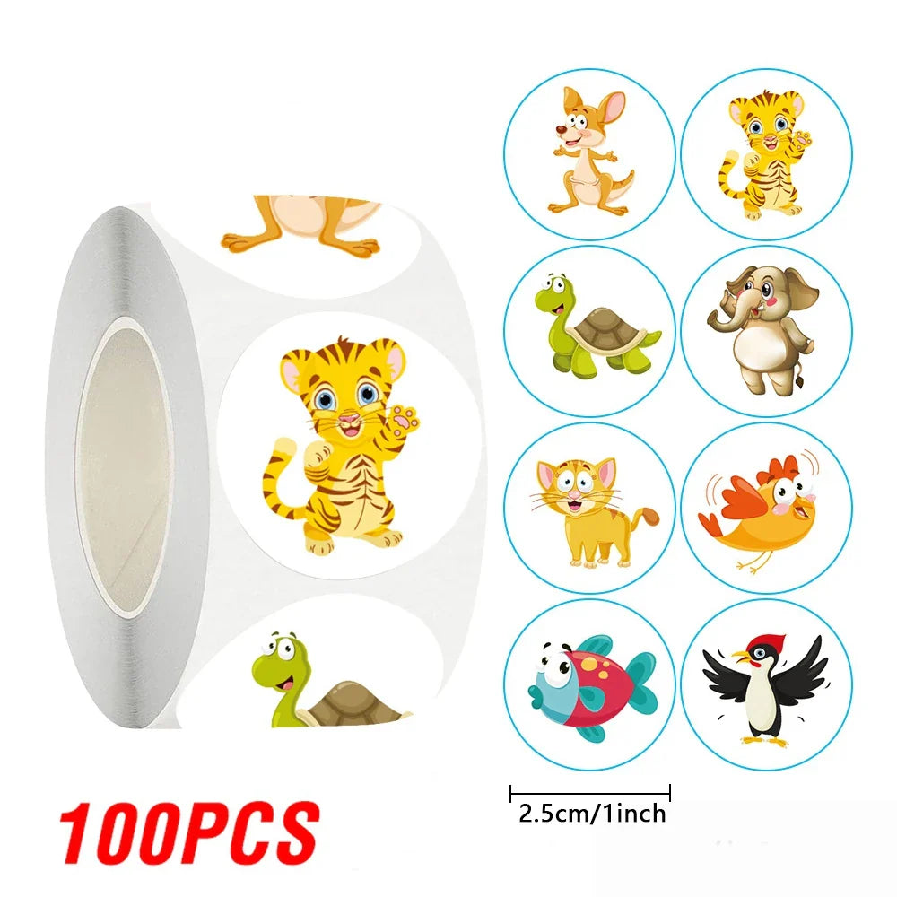 100-500pcs Round Cartoon Animal stickers for kids Teacher Reward Encourage Sticker Office Stationery for Children 1inch (Online Order Only)