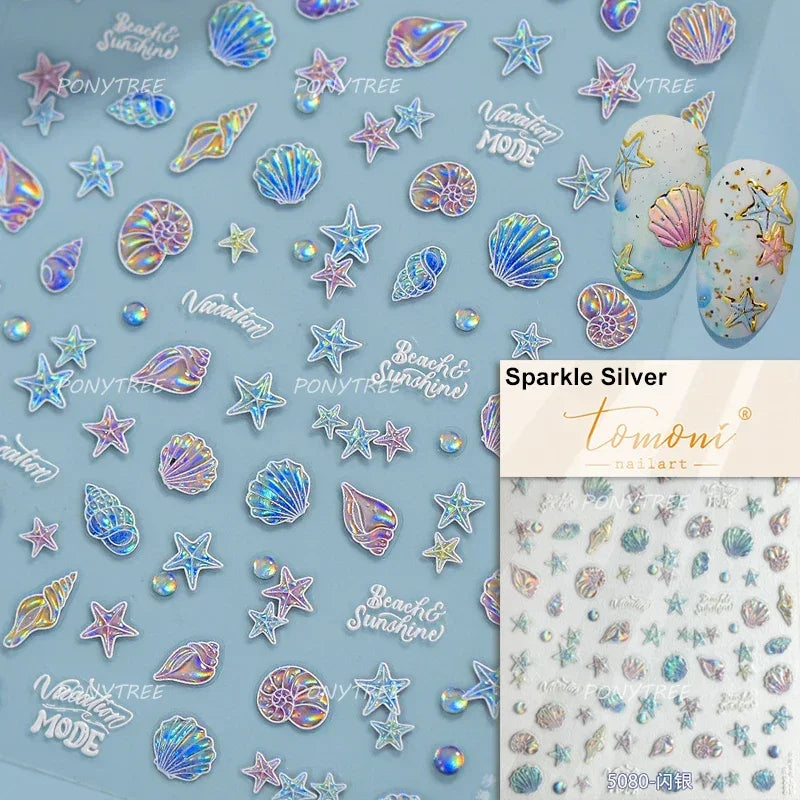 Hot Stamping Laser Shell Conch Starfish Pearl Whale Coral Dolphin Summer Beach Sea Wave Jellyfish Bubble Nail Art Stickers Decal (ONLINE ORDER ONLY)