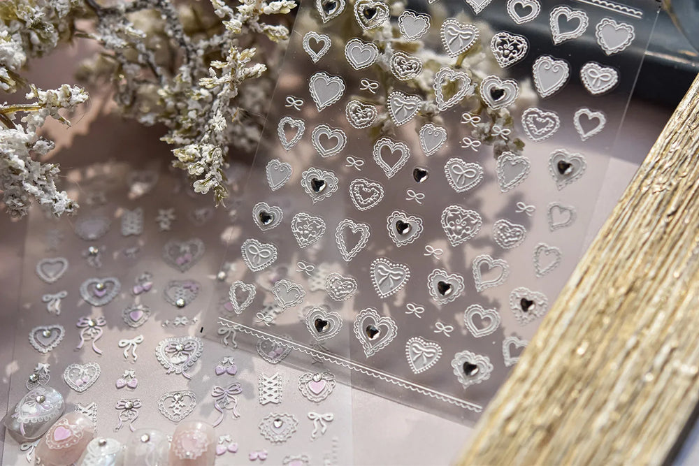 Lovely Heart Strawberry Cherry Bowknot Lace Lolita Crystal Rhinestone Line Rococo Chic Adhesive Nail Art Sticker Manicure Decals (ONLINE ORDER ONLY)