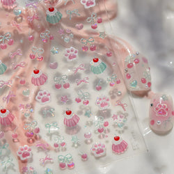 Lovely Green Pink Cherry Pudding Claw Paw Love Heart Bowknot Soft Embossed Reliefs Adhesive Nail Art Stickers Manicure Decals (ONLINE ORDER ONLY)