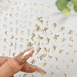 4pcs/Set Elf/Fairy Jelly Gold Nail Art Sticker Sun/Moon/Star Geometric Embossed Reliefs Self Adhesive Nail Decal Manicure Design (Online Order Only)