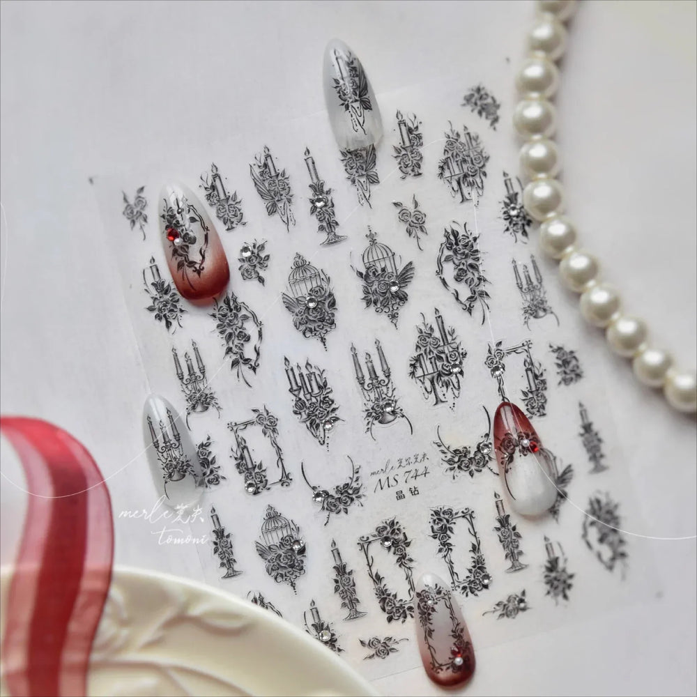 Retro Candlestick Holder Rose Rambler Birdcage Photo Frame Lace Self Adhesive Nail Art Sticker Charm Rhinestone Manicure Decal (Online Order Only)