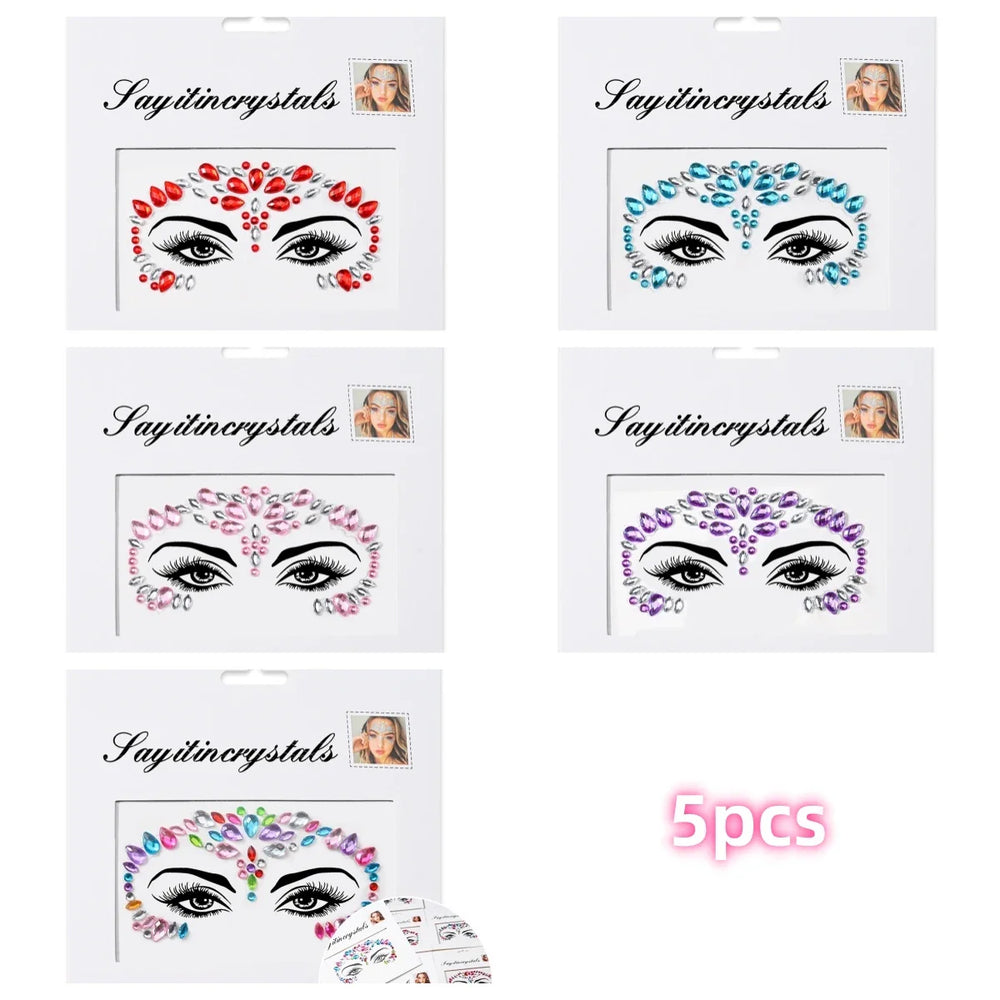 5Pcs Coloful Glitter Face Jewelry Sticker Crystal Eye Body Face Jewels Bady Makeup Tools Temporary Self-Adhesive Nail Rhinestone (ONLINE ORDER ONLY)
