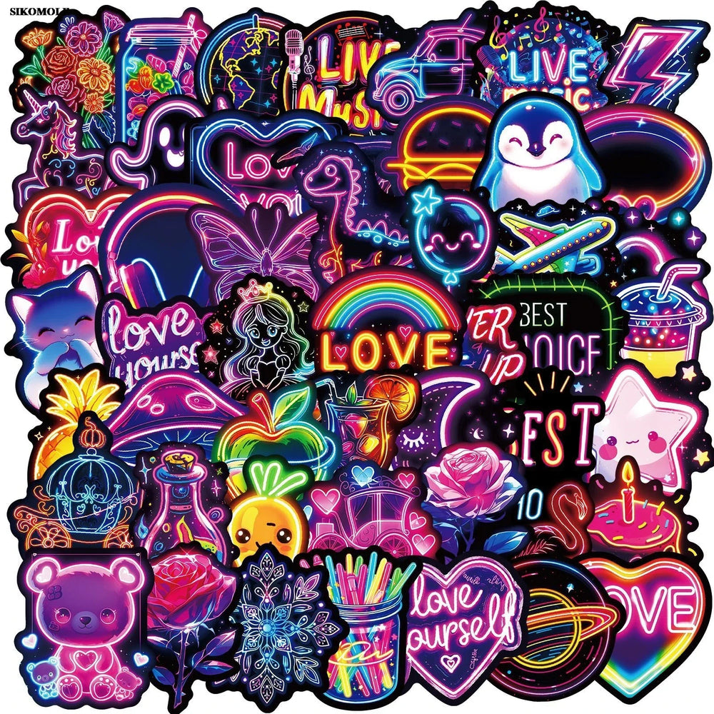Cartoon Neon Light Graffiti Stickers for Car, Guitar, Motorcycle, Luggage, Toys (Online Order Only)