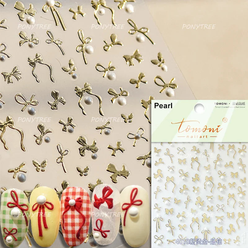 Simple Line Bowknot Red Gold Silver Laser Pink Hot Stamping 3D Self Adhesive Nail Art Stickers Pearl Rhinestone Manicure Decals (ONLINE ORDER ONLY)