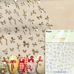Simple Line Bowknot Red Gold Silver Laser Pink Hot Stamping 3D Self Adhesive Nail Art Stickers Pearl Rhinestone Manicure Decals (ONLINE ORDER ONLY)