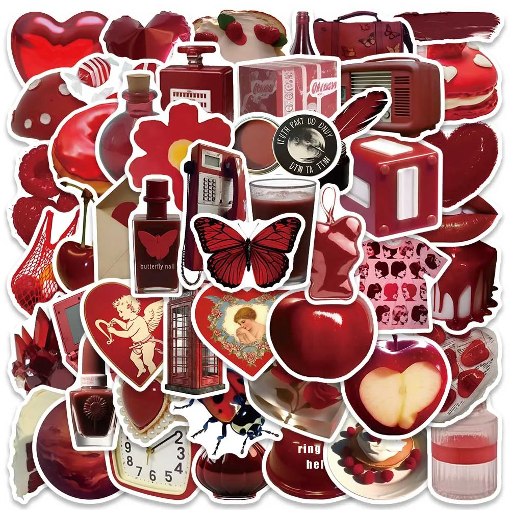 50pcs Retro Red Aesthetic Stickers Pack For Luggage Laptop Guitar Phone DIY Waterproof Graffiti Bicycle Car Vinyl Decals (Online Order Only)