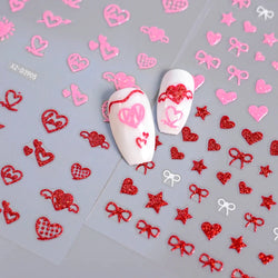 1Pc Red Pink White Heart Bow Nail Art Stickers with Glitter Sequins 5D Self Adhesive Nail Decorations Slider Decals DIY Manicure (ONLINE ORDER ONLY)