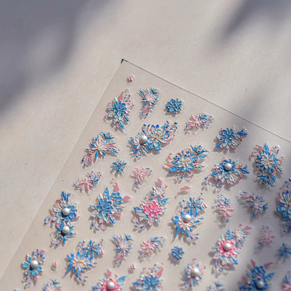Delicate Shiny Pink Flower Blue Hairpin with Flower Decoration Self Adhesive Nail Art Stickers Pearl Rhinestone Manicure Decals (Online Order Only)
