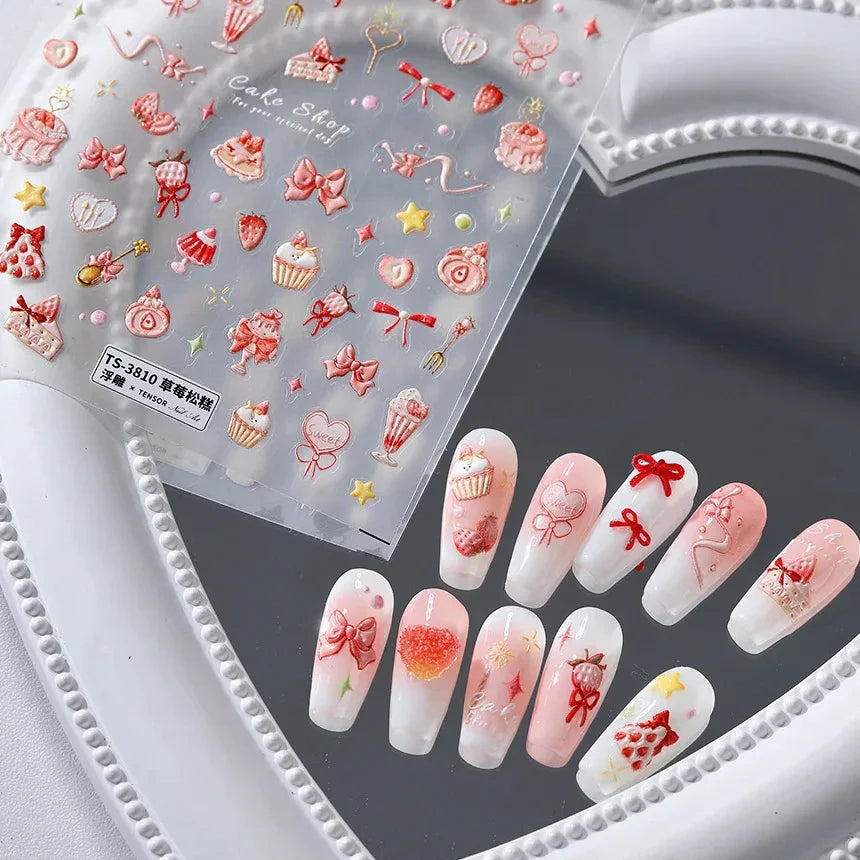 Chic Cute Cheese Ice Cream Pudding Bowknot Strawberry Muffin Stars Cake Embossed Heart Adhesive Nail Art Sticker Manicure Decals (ONLINE ORDER ONLY)