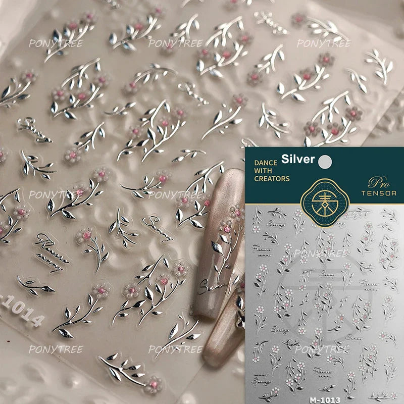 Pink Flower Hot Stamping Silver Leaves Branch Wicker Willow Plant Chic Adhesive Nail Art Decorations Stickers Manicure Decals (Online Order Only)