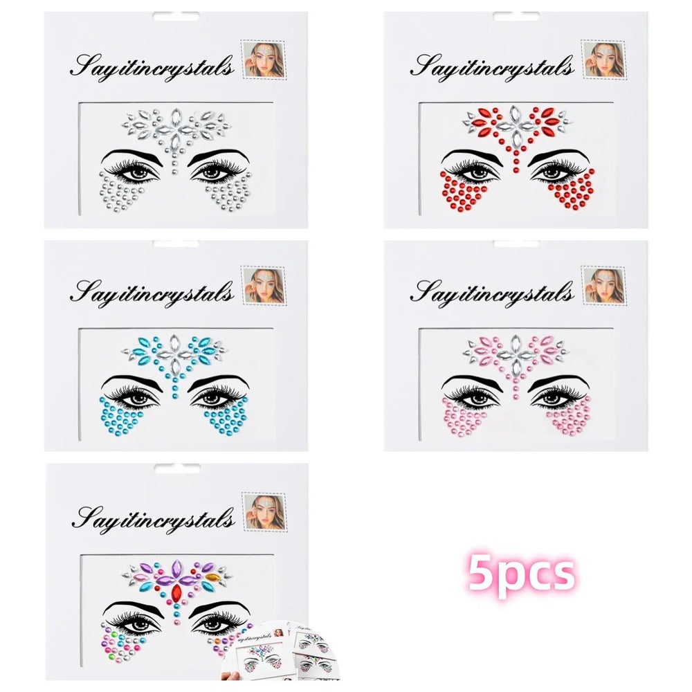 5Pcs Coloful Glitter Face Jewelry Sticker Crystal Eye Body Face Jewels Bady Makeup Tools Temporary Self-Adhesive Nail Rhinestone (ONLINE ORDER ONLY)