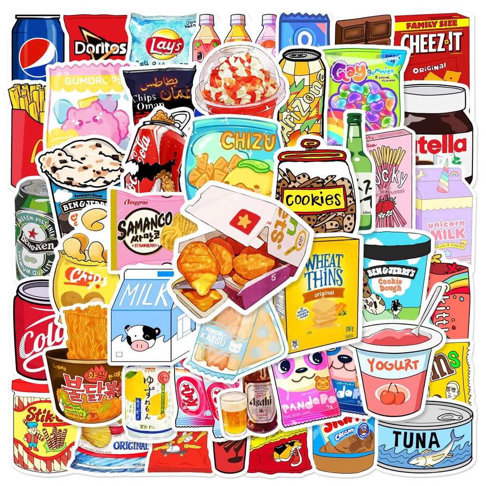 50pcs Animated Snack Graffiti Stickers for Helmet, Desktop, Wall Decoration (Online Order Only)
