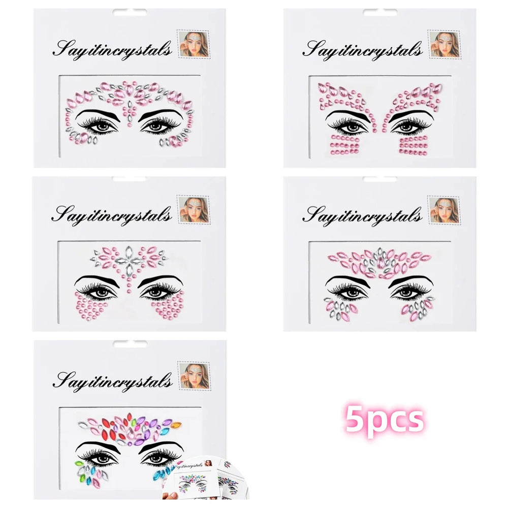 5Pcs Coloful Glitter Face Jewelry Sticker Crystal Eye Body Face Jewels Bady Makeup Tools Temporary Self-Adhesive Nail Rhinestone (ONLINE ORDER ONLY)