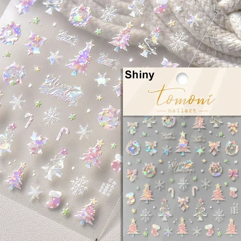 Dressy Embossment Colorful Gradient Snowflakes Laser Silver Christmas Tree Winter Bowknot Santa Nail Art Stickers Manicure Decal (Online Order Only)
