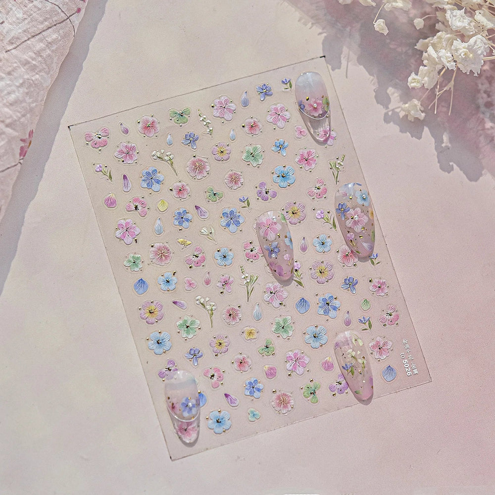 Colourful Dried Flower Petal Texture Peach Blossom Orchid Fragrant Bouquet 5D 3D Self Adhesive Nail Art Stickers Manicure Decals (ONLINE ORDER ONLY)