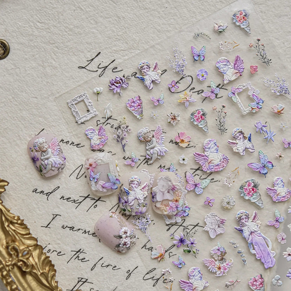 Angel Bowknot Stone Statue Vintage Photo Frame Flower Bed Bouquet Garden Rose Crown Adhesive Nail Art Stickers Manicure Decals (ONLINE ORDER ONLY)
