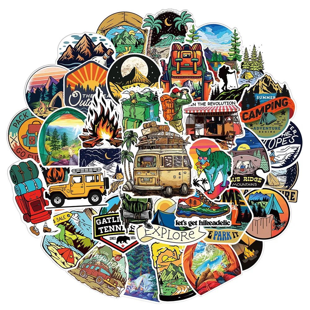 10/30/50/100pcs Outdoor Hiking Camping Stickers Cartoon Decal Skateboard Phone Laptop Car Luggage Bike Cool Waterproof Sticker (Online Order Only)