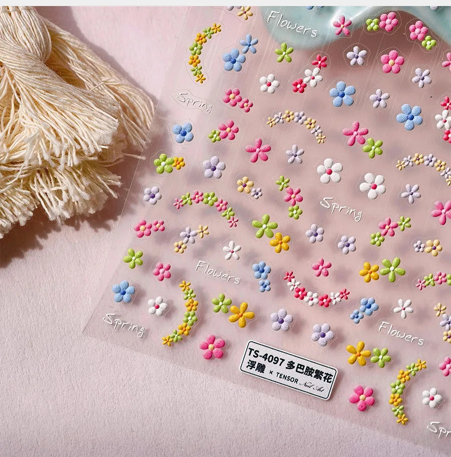 Mini Colourful Flower Black Yellow Petal Wreath 5D Chic Embossed Reliefs Delicate Self Adhesive Nail Art Stickers Manicure Decal (Online Order Only)