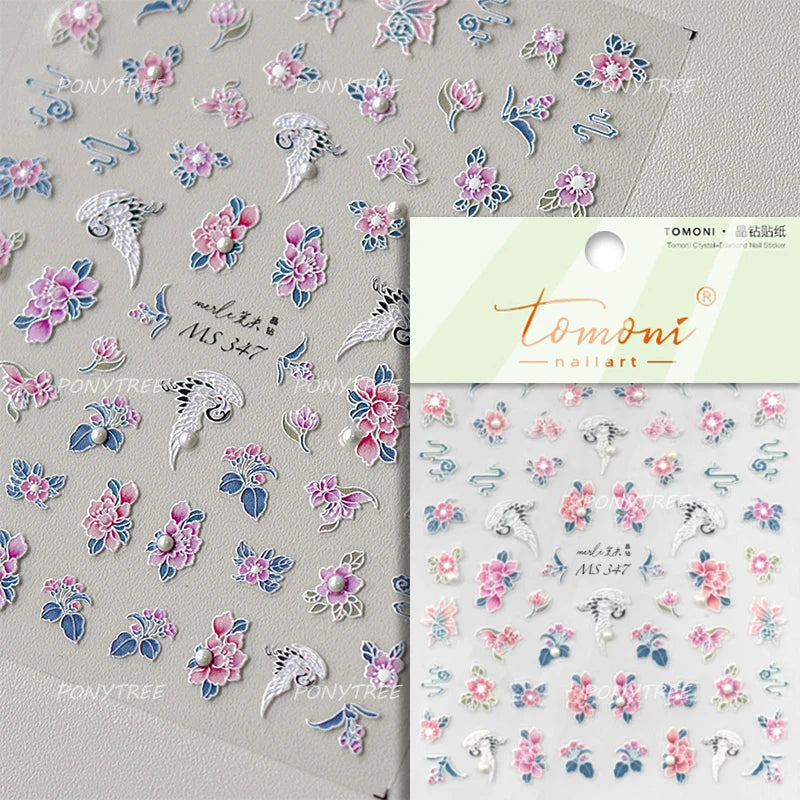 Pink Peach Blossom Blue Magpie Butterfly Bird Wing Tree Branch Animals Plants Shiny 3D Adhesive Nail Art Stickers Manicure Decal (ONLINE ORDER ONLY)