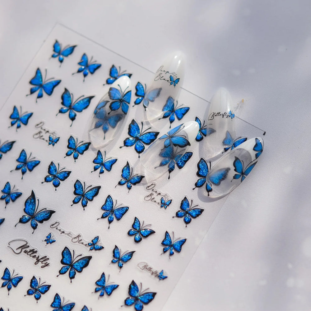 Charming Delicate Sapphire Color Blue Black Stroke Butterfly Jelly Relief Rhinestone Adhesive Nail Art Stickers Manicure Decals (Online Order Only)